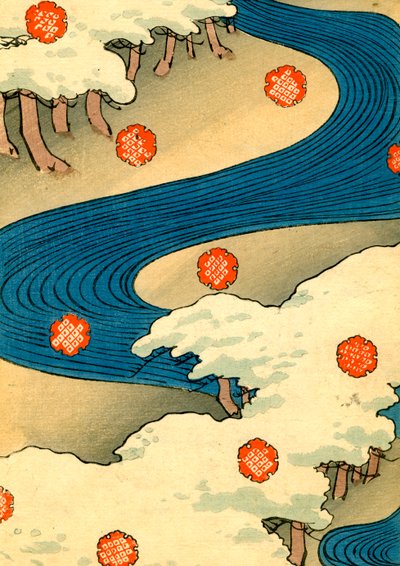 Sneeuwvlokken vallend in een rivierlandschap door Japanese School
