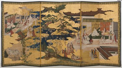 Lente in het paleis, zesdelig scherm uit Het Verhaal van Genji, ca. 1650 door Japanese School