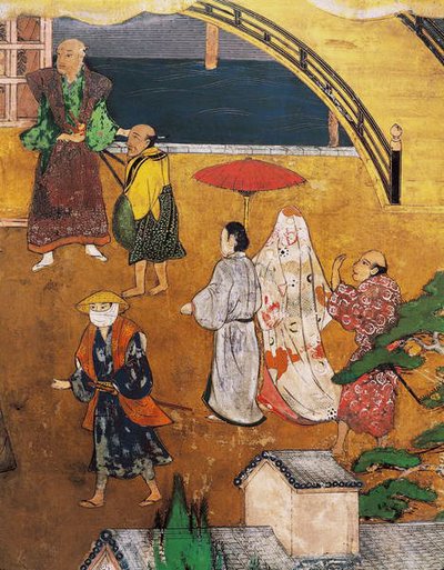 De Aankomst van de Portugezen in Japan, detail van een straatscène, van een Namban Byobu-scherm, 1594-1618 door Japanese School