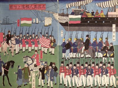 De aankomst van het eskader van commodore Perry in een Japanse haven in 1853 door Japanese School