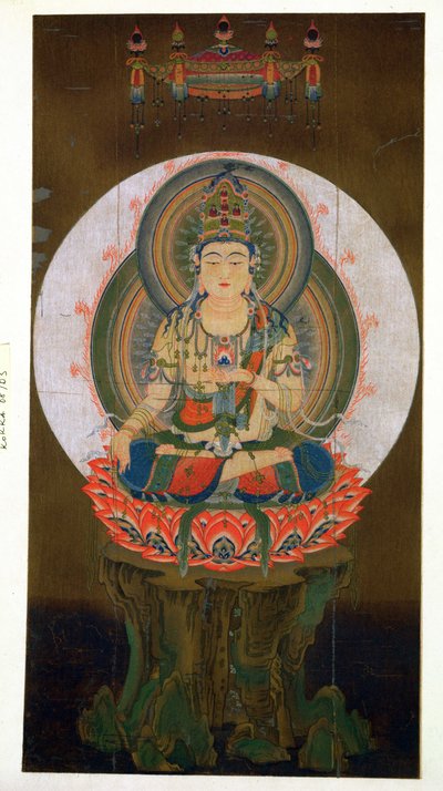 De Bodhisattva Akashagarba met de Cintamani (wensvervullende) Juweel in de linkerhand en zittend op een lotus, illustratie naar een kakemono uit de 9e eeuw van de tempel van Daigo door Japanese School