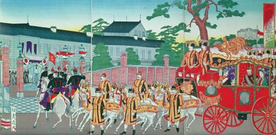 Keizer Mutsuhito (1852-1912) keert terug naar zijn paleis in Tokio, eind 19e eeuw door Japanese School