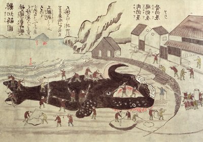 Het snijden van een walvis, eind 19e eeuw (kleurgravure) door Japanese School