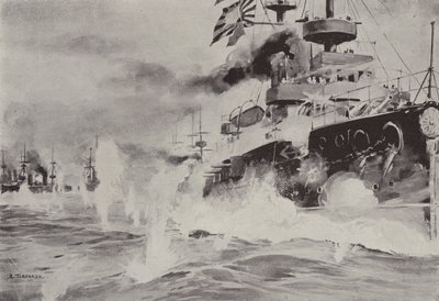De Mikasa die dapper vecht tegen het Russische Eskader bij Port Arthur op 10 augustus door Japanese School