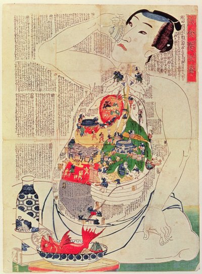 De spiegel van voedsel en drank om het leven te voeden (houtsnede) door Japanese School