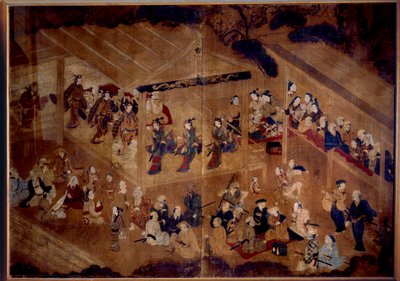 Kabuki Theater: acteurs op het podium; 18e eeuw Japanse prent Parijs, Guimet museum, Nationaal Museum van Aziatische Kunsten door Japanese School