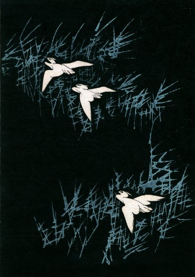 Drie Kraanvogels in een Zwart Landschap door Japanese School