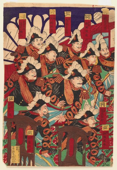Drie bladen van een drieluik, 1868-1912 door Japanese School
