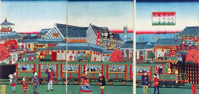 Trein in Yokohama, 2e helft negentiende eeuw door Japanese School