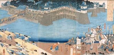 Drieluik met een fort dat wordt gebouwd bij de rivier Kunigos door Japanese School
