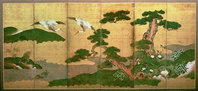 Twee kraanvogels duiken achter dennen en rotsen, Edo-periode door Japanese School