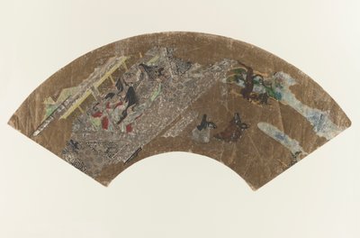 Untitled - waaiervormige schilderij van dames die in een paviljoen zitten en een spel spelen, 1603-1868 door Japanese School