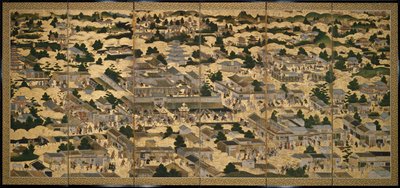 Gezicht in en rond Kyoto (Rakuchu rakugai zu), ca.1616-24 (inkt, kleur  bladgoud op papier) door Japanese School