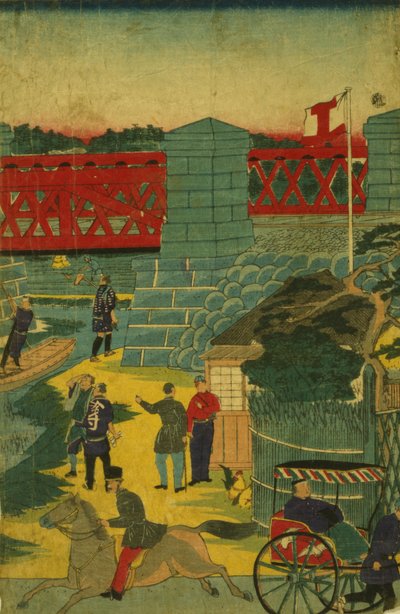Dorpsscène in Japan met mensen die verschillende activiteiten uitvoeren, ca. 1870 door Japanese School