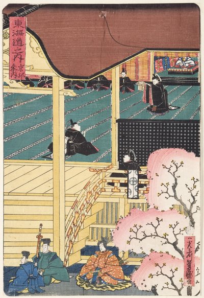 Krijgsheer aan het hof, drie Samoerai krijgers met een bediende naderen het paleis, ca. 1500 door Japanese School