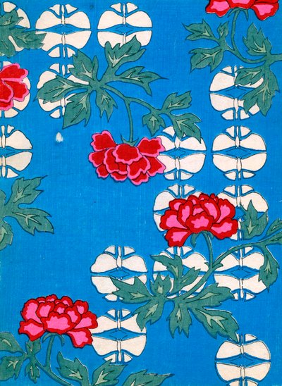Witte Lantaarns en Pioenen op een Blauwe Achtergrond door Japanese School