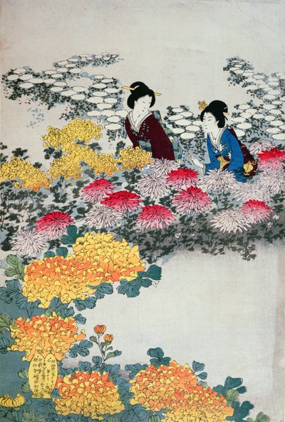 Vrouwen in een bloeiende tuin (kleur houtsnede) door Japanese School
