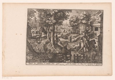 Landschap met het verhaal van de barmhartige Samaritaan: de aankomst bij de herberg door Jaspar de Isaac (attributed to)