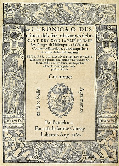 Ramon Muntaner (1265-1336), Catalaanse militair en columnist. Omslag van het boek Chronica door Jaume Cortey