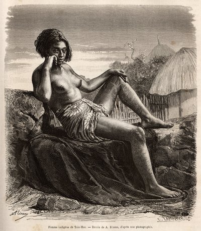 Inheemse vrouw van Taio-Hae, Marquises, toont haar getatoeëerde benen. Gravure naar een tekening van A. Rixens. door Jean Andre Rixens