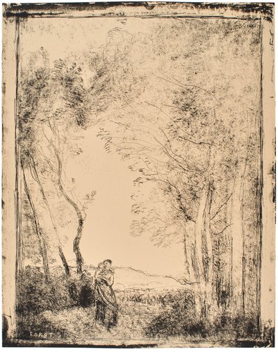 Jonge moeder bij de ingang van een bos door Jean-Baptiste-Camille Corot
