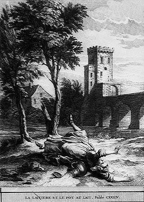 De melkmeid en de melkkan (gravure) door Jean Baptiste (after) Oudry
