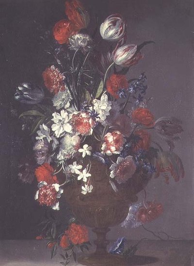 Tulpen, rozen en andere bloemen in een vaas op een richel door Jean Baptiste (follower of) Monnoyer