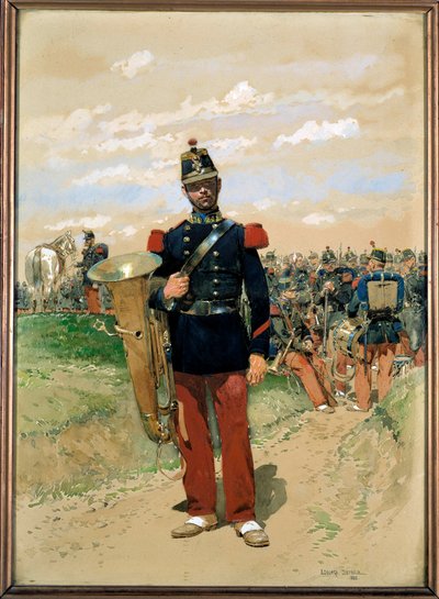 Lijnmuziek: een soldaat lid van het militaire orkest in 1855 door Jean Baptiste Edouard Detaille