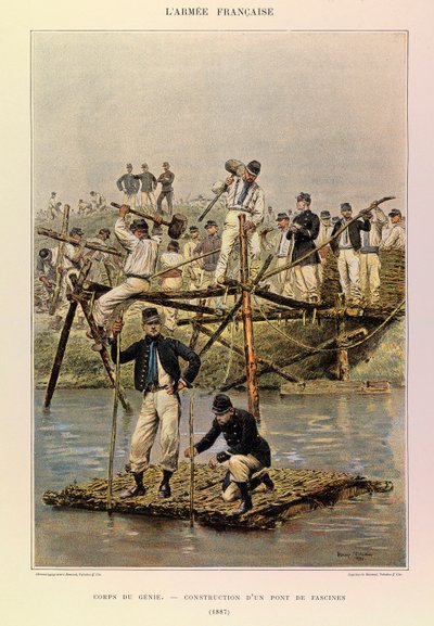 Typen en uniformen van het Franse leger van Kapitein Jules Richard, geïllustreerd door Edouard Detaille: Genie; Bouw van een fascinebrug in 1887, Privécollectie door Jean Baptiste Edouard Detaille