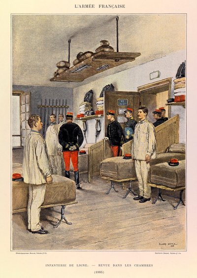 Typen en uniformen van het Franse leger van Kapitein Jules Richard, geïllustreerd door Edouard Detaille: Linie-infanterie: Revue in de kamers in 1885, Privécollectie door Jean Baptiste Edouard Detaille
