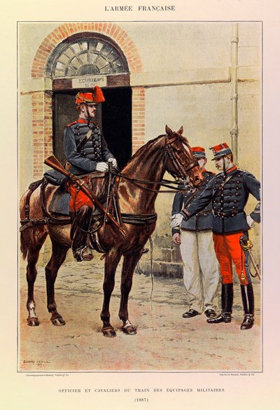 Typen en uniformen van het Franse leger van Kapitein Jules Richard, geïllustreerd door Edouard Detaille (1848-1912): Officier en ruiters van de trein van militaire bemanningen in 1887, Privécollectie door Jean Baptiste Edouard Detaille