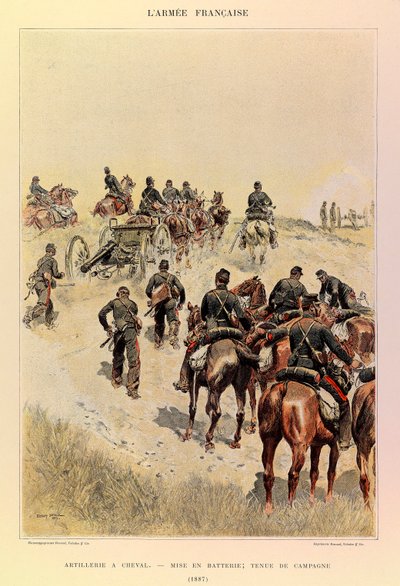 Typen en uniformen van het Franse leger van Kapitein Jules Richard, geïllustreerd door Edouard Detaille (1848-1912): Artillerie te paard; Batterijen; Veldkleding in 1887, Privécollectie door Jean Baptiste Edouard Detaille