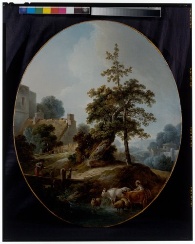 Landschap met een jonge jongen en een herderin met koeien en schapen door Jean Baptiste Huet