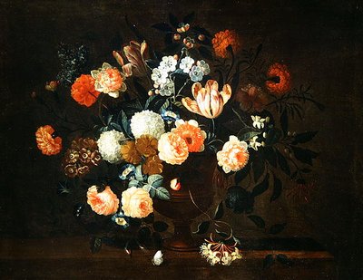 Vaas met bloemen en insecten door Jean Baptiste Monnoyer