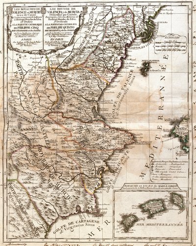 Kaart van het Koninkrijk Valencia en Murcia (Spanje) door Jean Baptiste Nolin