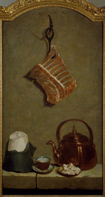 Stilleven met stuk vlees, suikerbrood, koperen ketel en beker door Jean Baptiste Oudry