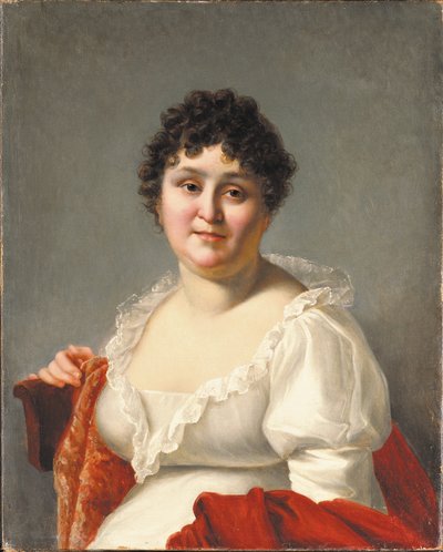 Portret van Madame Regnault, buste-lengte, in een witte jurk en persimmon sjaal door Jean Baptiste Regnault