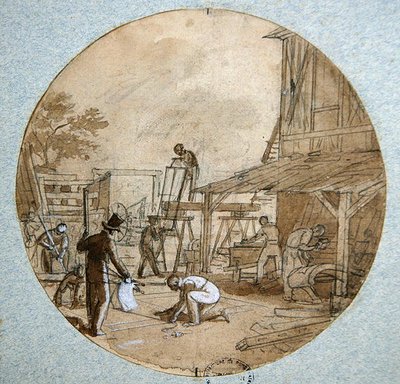 De werkplaats van de timmerman, plaatontwerp voor een servies dat verschillende beroepen uitbeeldt, c.1820-35 door Jean Charles Develly
