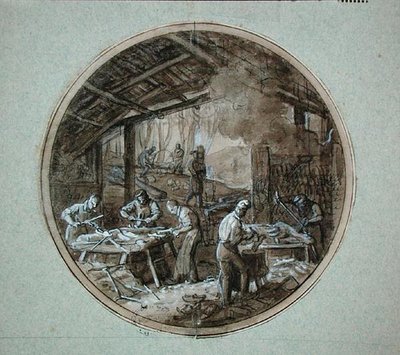 De Klompenmakerswerkplaats, plaatontwerp voor een servies dat verschillende ambachten uitbeeldt, c.1820-35 door Jean Charles Develly