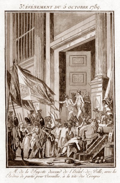 Franse Revolutie - La Fayette verlaat het stadhuis van Parijs om naar Versailles te gaan, 5 oktober door Jean Francois Janinet