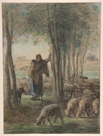 Een herderin en haar kudde in de schaduw van bomen door Jean-Francois Millet