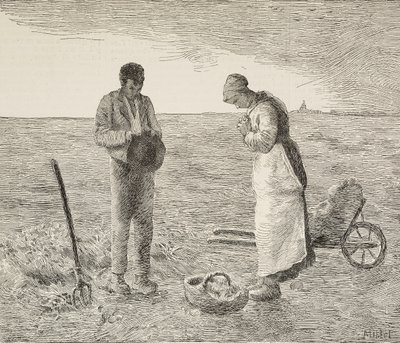 Angelus, boerenkoppel in velden door Jean Francois Millet