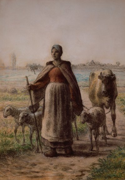 Boerin die haar koe en schapen naar de velden leidt door Jean Francois Millet
