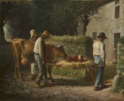 Boeren brengen een in het veld geboren kalf naar huis, 1864 door Jean Francois Millet