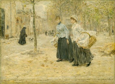 Twee wasvrouwen steken een klein park over in Parijs, ca. 1890 door Jean Francois Rafaelli