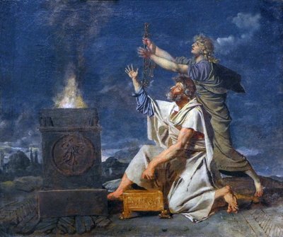 Een jonge Romeinse krijger vergezeld door zijn vader vraagt de goden om het succes van zijn wapens, ca. 1780 door Jean Germain Drouais