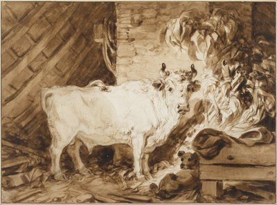 Witte Stier en een Hond in een Stal door Jean Honore Fragonard