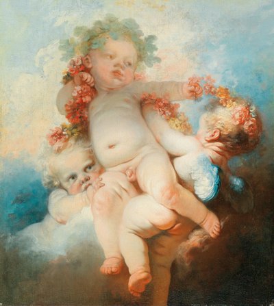 Drie putti omkranst met bloemen door Jean Honore Fragonard