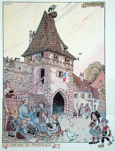 Een Franse soldaat die Frans leert aan Elzasser kinderen die weer Franse burgers zijn geworden, illustratie uit 