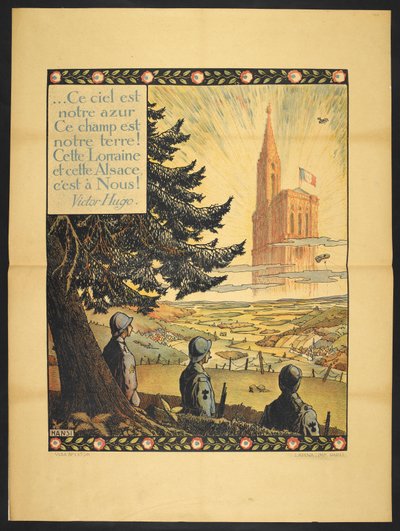 Een poster met drie Franse soldaten die naar een allegorische kerk in de verte kijken, in de wolken verlicht door licht. Een klein vers van Victor Hugo in de linkerbovenhoek (poster) door Jean Jacques Waltz